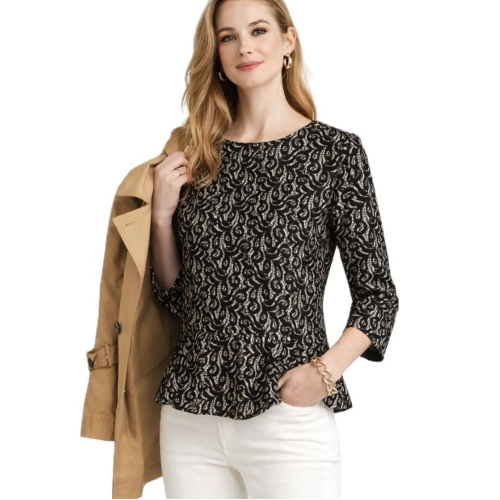 J.Crew, Black Lace Peplum Blouse Size Small 3/4 Sleeve Classic Chic, Size S